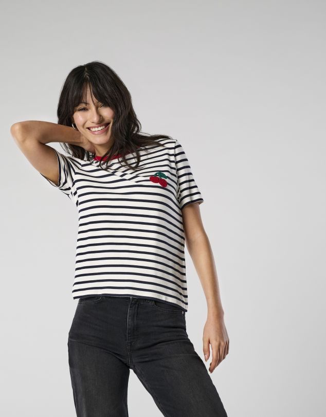 CAMISETA DE RAYAS DE MANGA CORTA CON DETALLE DE DIBUJO DE MUJER DE ONLY