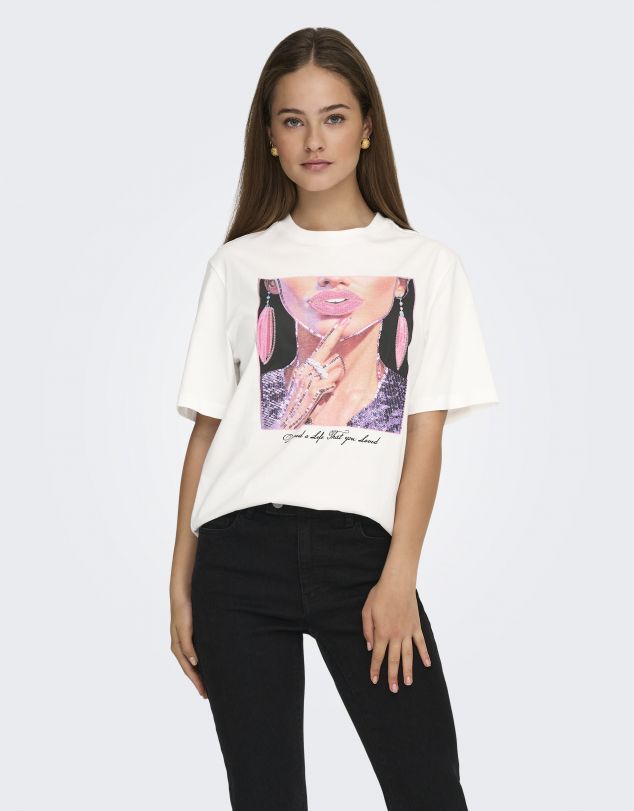 CAMISETA DE MANGA CORTA CON DIBUJO Y DETALLES BRILLANTES DE MUJER DE ONLY